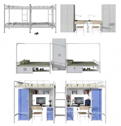 现代宿舍铁架双层床组合3D模型下载